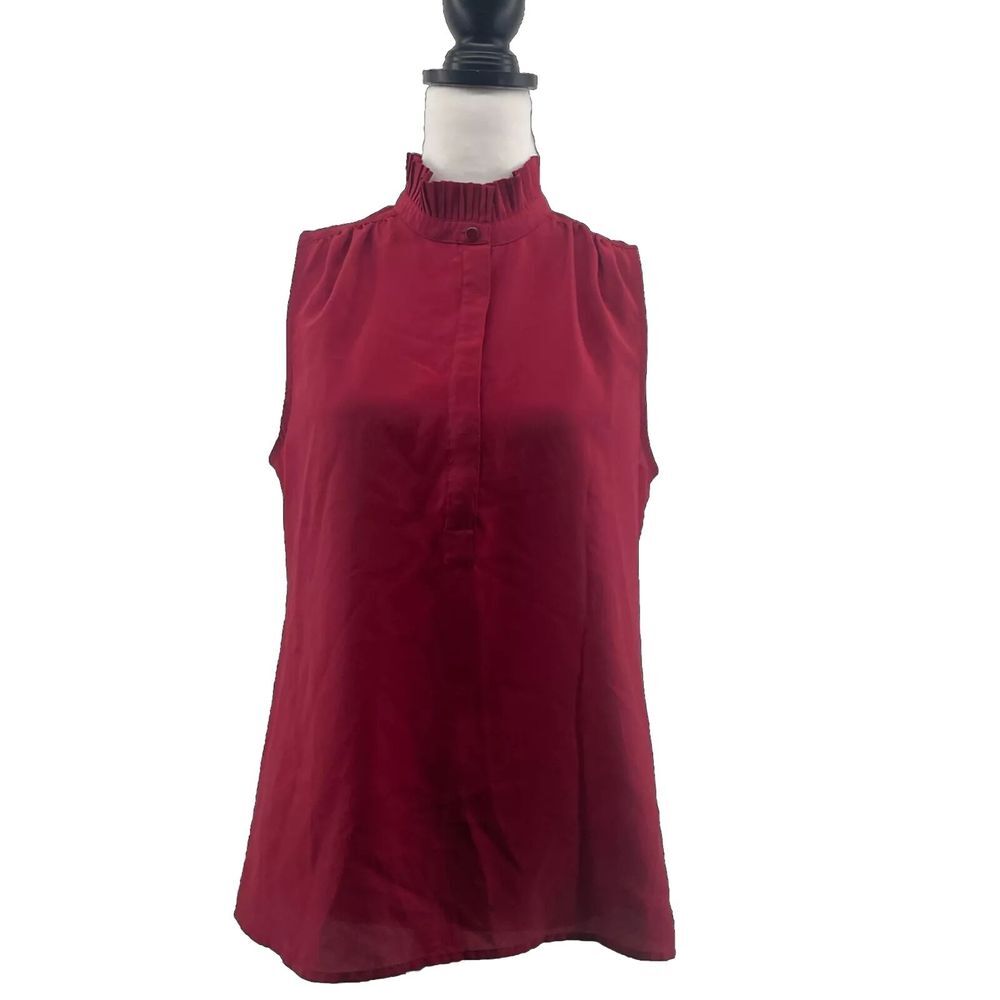 J Crew Factory‎ Top Women's 10 Cottagecore Pleat Ruffle Neck Sleeveless Maroon